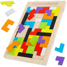 Load image into Gallery viewer, This unique wooden puzzle features 40 pieces that can be arranged to fit perfectly inside the frame. You can also let your imagination run free and arrange the pieces to form shapes or designs inside or outside the frame! | Replayable — each time you attempt the puzzle it can be solved a different way. The number of designs that you can create is almost endless! | An instruction sheet is included that has solutions to the puzzle along with some design ideas
