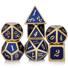 Load image into Gallery viewer, Set of 7 Metal Dice Set with Storage Box - Royal Blue with Gold Numbers - Includes D4, D6, D8, D10, D12, D20 and D%

