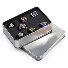 Load image into Gallery viewer, Set of 7 Metal Dice Set with Storage Box - Royal Blue with Gold Numbers - Includes D4, D6, D8, D10, D12, D20 and D%
