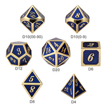 Load image into Gallery viewer, Set of 7 Metal Dice Set with Storage Box - Royal Blue with Gold Numbers - Includes D4, D6, D8, D10, D12, D20 and D%
