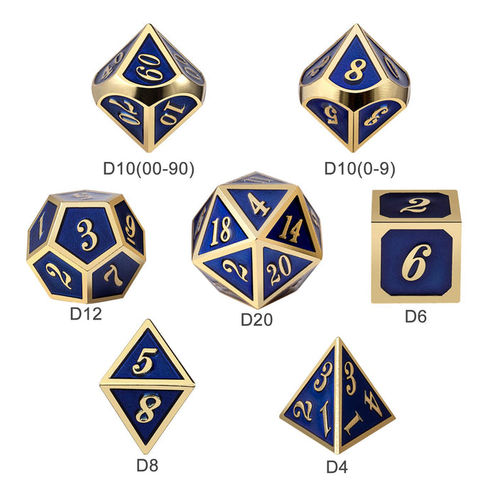 Set of 7 Metal Dice Set with Storage Box - Royal Blue with Gold Numbers - Includes D4, D6, D8, D10, D12, D20 and D%