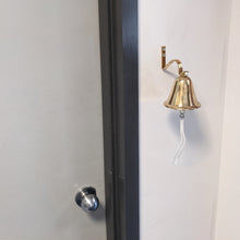 Load image into Gallery viewer, 4 Inch Solid Brass Hanging Wall Bell with Rope for Ringing - Fully Functional Nautical Decoration, Wall Mountable, Loud Ring, Gold Color
