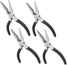 Load image into Gallery viewer, 4 Pack Mini Long Nose Pliers | Drop forged Chrome Vanadium Steel construction with serrated jaws | Return spring | Built-in side cutter | Cushion grip handles

