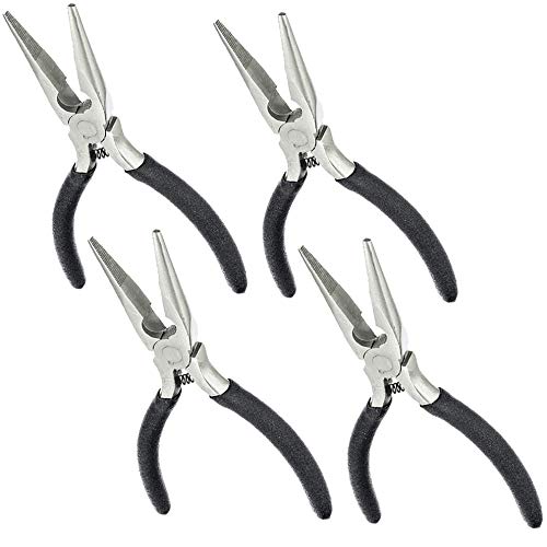 4 Pack Mini Long Nose Pliers | Drop forged Chrome Vanadium Steel construction with serrated jaws | Return spring | Built-in side cutter | Cushion grip handles