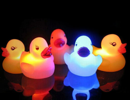 5 ducks with bright yellow color that flash in many colors when placed in water | The ducks light up automatically when you put them in the water, or can be activated by touching the sensors on the bottom | Great gift for babies and young kids | Each duck is the perfect size to fit in a baby's hands | After use, dry the bottom of the duck to ensure a longer lifespan