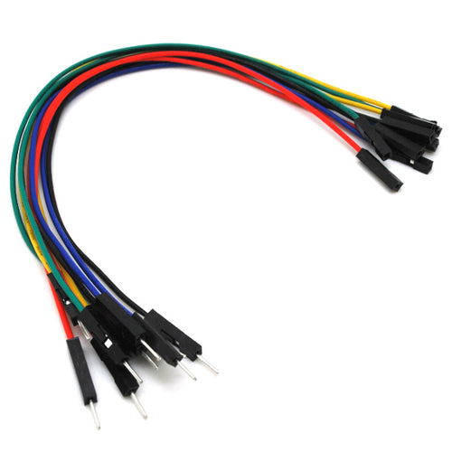 Male to Female Jumper Wire Kit | Includes 10 wires in 5 assorted colors | Each wire is 6 inches in length | Includes 2 red, 2 black, 2 yellow, 2 green, and 2 blue | 