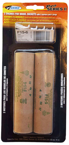 NOTE: This item can only be shipped via USPS. You MUST have a mailbox/mail receptacle for USPS delivery. | Each package includes two F15-6 engines, two starters and four starter plugs | Diameter: 1.14 in. (29 mm) | Refer to the instructions or packaging that came with your model rocket for the engines you should be using | Please retain the warranty information included in the package so that you may reference it in the event that you receive a defective or malfunctioning product. 