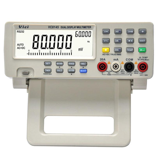 Bench Digital Mulitmeter with waveform generator and thermometer | Large LCD, High contrast, Wide visual angle LCD display, white backlight | 50 measurement functions including DCV, ACV, DCA, ACA, Ohm, CAP, Hz, TEMP, Diode, Continuity and others | DCV Range: 80mV/800mV/8V/80V/800V/1000V, ACV Range: 80mV/800mV/8V/80V/750V, DCA Range: 80mA/800mA/8A/20A, ACA Range: 80mA/800mA/8A/20A | Photoelectric isolated RS-232 computer interface