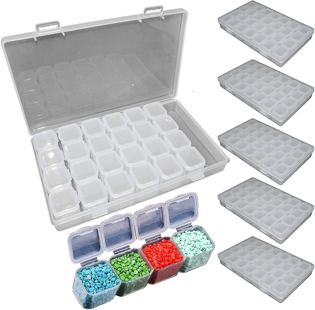 6 Pack Diamond Painting Storage Boxes, 28 Grids Per Case - Snap to Close Compartments for Resin Diamonds, Beads, Nail Rhinestones, and More