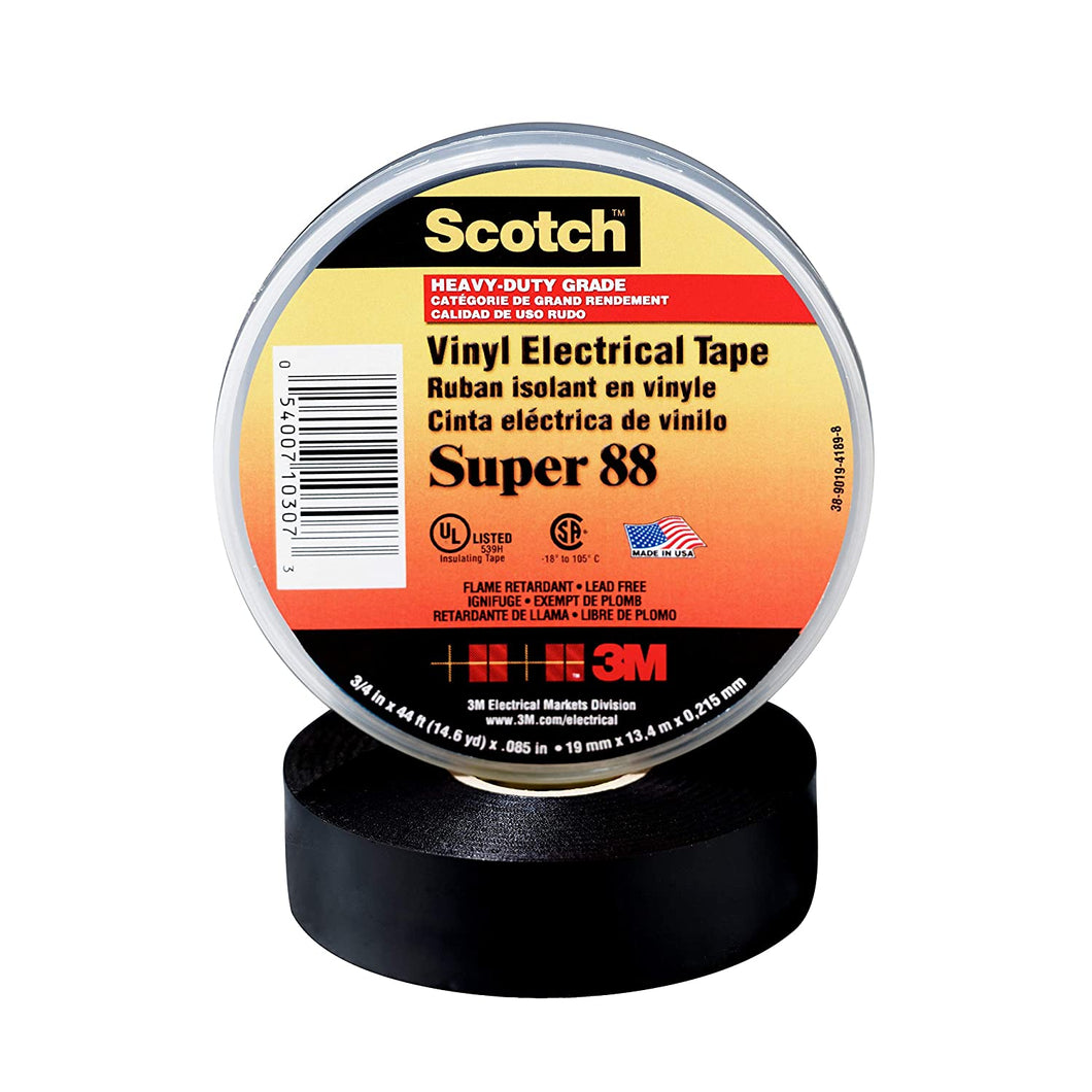 3M Scotch Vinyl Electrical Tape Super 88, Premium Grade All-Weather, 3/4 in x 44 ft, 8.5-mil thick, Black, 1 roll