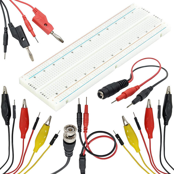 Solderless Breadboard and Cable Kit - Includes 830 Tie Point Breadboard + BNC, Banana, Alligator, and Wall Power Adapter to Pin Test Leads