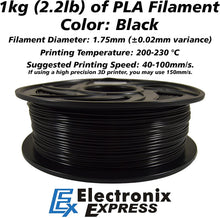 Load image into Gallery viewer, Black Color PLA 3D Printer Filament, 1.75 mm Diameter with +/-0.02 mm Accuracy, 1 kg Spool (2.2 lbs)
