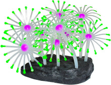 Load image into Gallery viewer, UV Glowing Silicone Faux Palythoa Coral Fish Tank Decoration with Weighted Base for Aquarium Fish Tanks, Green Accent Glows Under UV Blacklight
