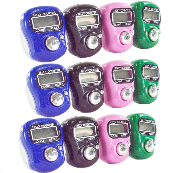 Set of 12 Resettable Digital Tally Counters (Assorted Colors) | Range of 0-99999 LCD display, counting button and reset button | Wearable - adjustable band suits many different sized fingers | Features LCD display, counting button and reset button | Battery included (internal)