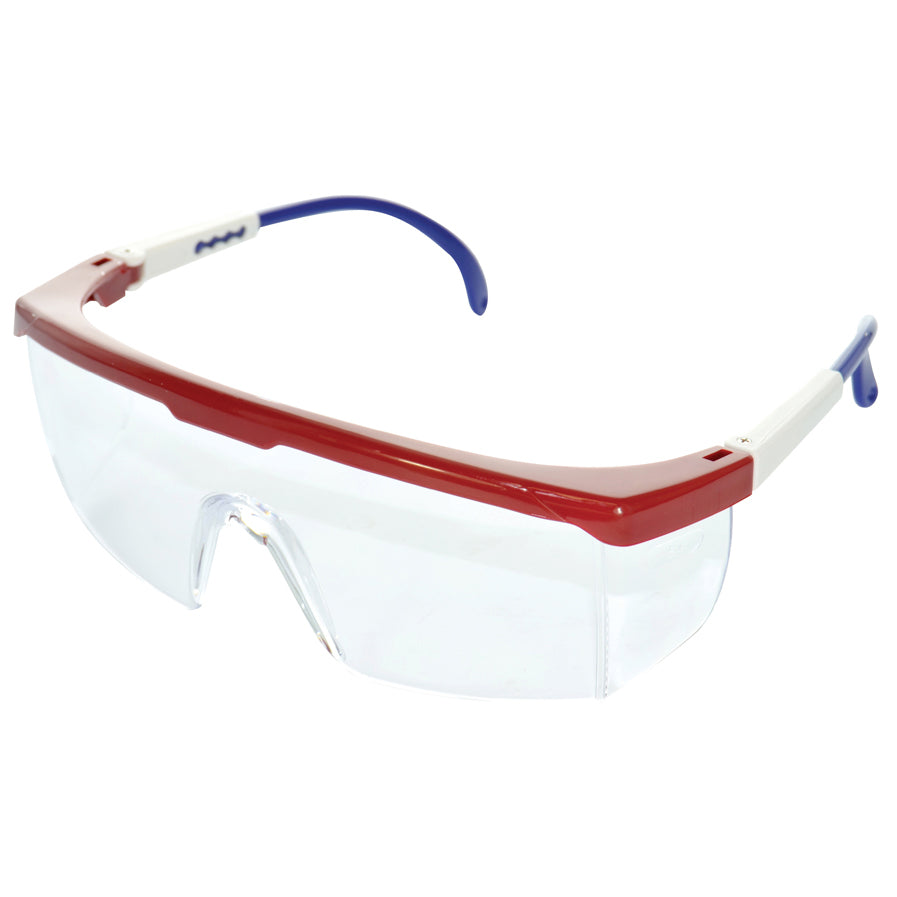 Meets ANSI Z87.1+ High Impact 2015 standards | Single piece molded lens offers excellent front and side protection with a clear direct and peripheral site of view | Made from high impact polycarbonate that protects against UV rays (99%) | 3 length options, adjusts by simply pulling the blue arms out or pushing them in | Hard coated to help prevent scratching