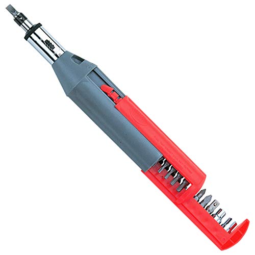 Ratcheting Screwdriver with 20 bits + socket adapter and 2 sockets | Slide-out storage compartments hold the bits and sockets, keeping them handy for switching and storage | 3 way ratcheting direction switch allows you to pick between tightening, loosening, or locked | Included bits: Slotted 1/8