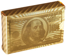 Load image into Gallery viewer, Durable Waterproof Deck of 24K Gold Foil Playing Cards with Hundred Dollar Bill Design
