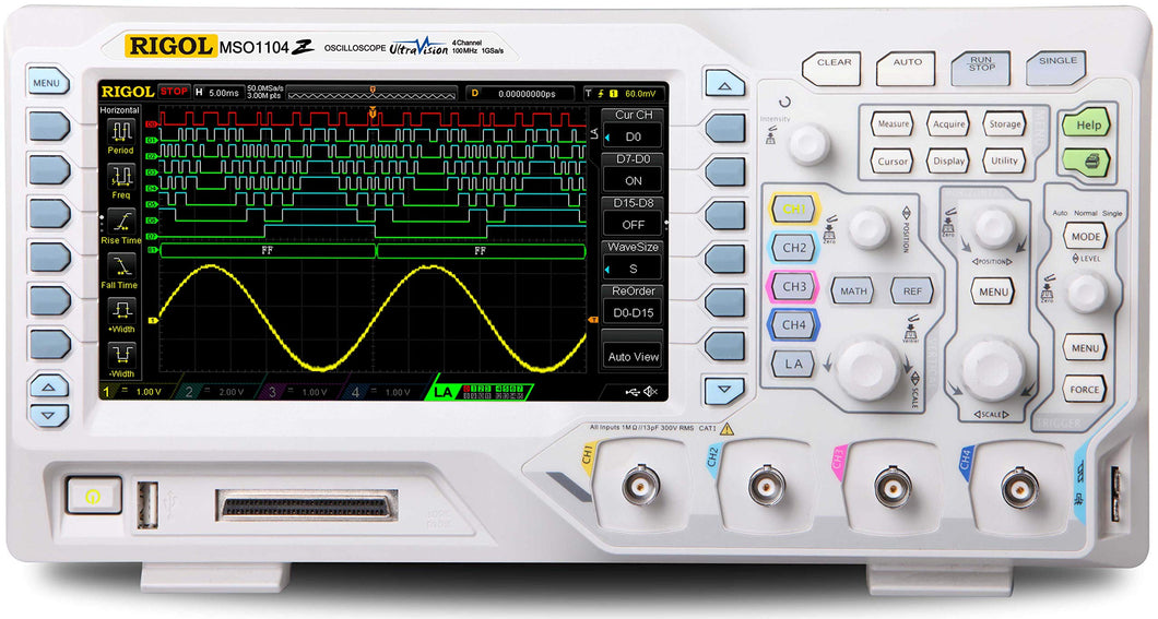 100 MHz Mixed Signal Oscilloscope with 4 analog channels as well as 16 digital logic channels plus 24 Mpt memory and 1 GSa/sec sampling | 100MHz Bandwidth | 4 Analog channels | 16 Digital channels MSO | Now includes FREE software bundle BND-MSO/DS1000Z built into the unit