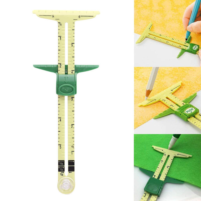 This handy 5-in-1 tool offers a Straight Hem Gauge, T-Gauge, Seam Allowance Marker, Buttonhole Spacer, and Circle Compass | Straight Hem Gauge - Fold your fabric and set the gauge to desired length, pin it and go along. T-Gauge - Draw a line with an exact measurement up to 6