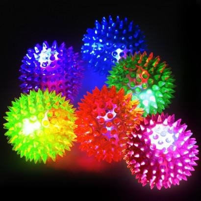 These flashing spiky squeaky balls are rubbery, squeezable, bouncy, and light up! They feature a soft spiky-textured surface to touch, watch and experience. | Simply bounce the ball on a firm surface to activate the internal flashing lights. The light stops automatically. | Tactile, and easy to throw, catch and hold.  | CHOKING HAZARD - Not for children under 8 yrs. old or pets. Use with adult supervision.
