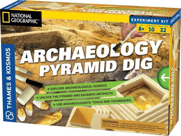 Kit includes model pyramid containing sarcophagus, mummy, death mask, and four canopic urns; hammer; brush; chisel; peg; sponge | The mission of the National Geographic Society is to inspire people to care about the planet | The National Geographic science kits from Thames and Kosmos further that mission by helping kids learn about science in a fun way | A portion of the proceeds from the sale of the National Geographic kits goes to support vital exploration | Discover the secrets inside the pyramid