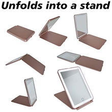 Load image into Gallery viewer, LED Lighted Travel Makeup Mirror, Rechargeable Illuminated Portable Rose Gold Mirror with 3 Light Colors
