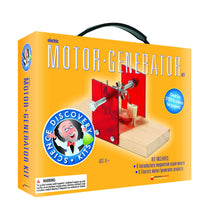 Load image into Gallery viewer, Explore the wonders of electricity by building a motor/generator that actually powers a light bulb | This kit includes a disc, latch and neodymium magnets, compass, wire, sand paper, spring, paper clips, pre-drilled wood block | Includes iron cores, nuts, nails, screws, bolts, light emitting diode, plastic plates and tubes and an experiment/project book
