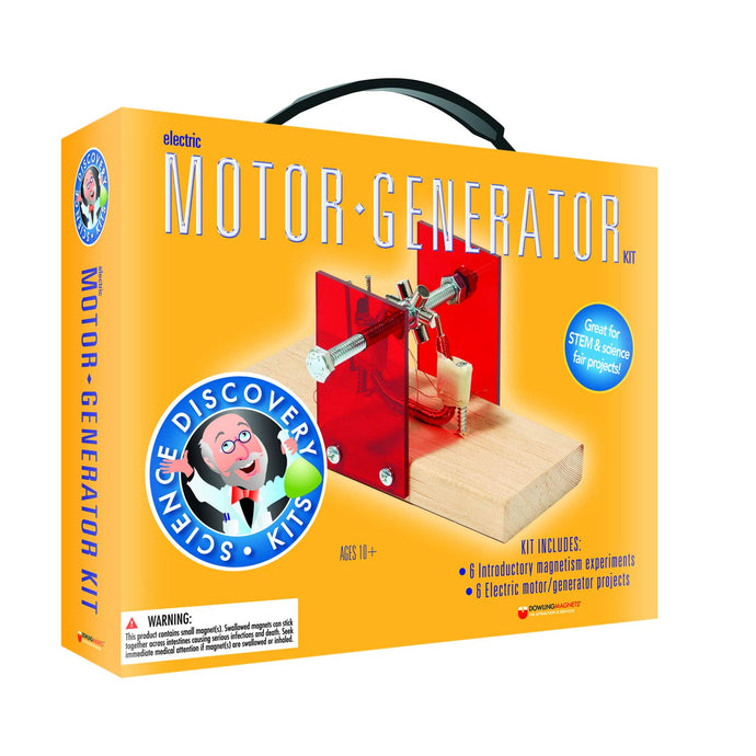 Explore the wonders of electricity by building a motor/generator that actually powers a light bulb | This kit includes a disc, latch and neodymium magnets, compass, wire, sand paper, spring, paper clips, pre-drilled wood block | Includes iron cores, nuts, nails, screws, bolts, light emitting diode, plastic plates and tubes and an experiment/project book