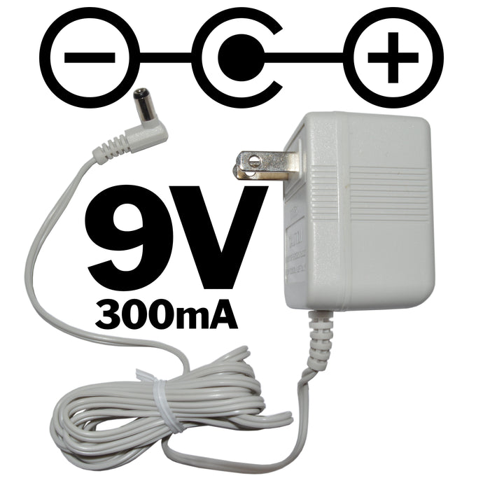 9 Volt DC Power Adapter | 300 mA (0.3 Amp) | 5.5mm Barrel Jack | Polarity: Center Positive | 