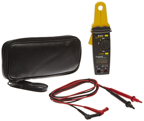 Digital clamp meter measures AC and DC current to 100 amp, AC and DC voltage to 600V, and resistance to 10 kilohms | Average-sensing meter provides accurate readings when measuring linear loads, where the current or voltage has a sinusoidal waveform | Clamp with 12.5mm jaw opening measures current without touching or interrupting the circuit | Peak hold function records the maximum measurement of a current surge | Meets IEC safety standard 61010, and is rated for CAT II installations to 600V and