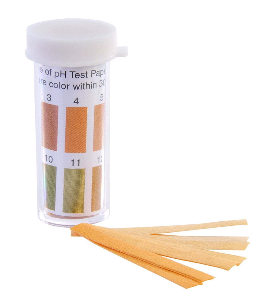 Pack of 100 Wide Range Test strips to measure pH | Includes a color indicator card for quick visual analysis of the sample | Measurement range in distinct divisions of 1 to 14 | Strips are 3 x 12mm each | All strips come in a plastic vial
