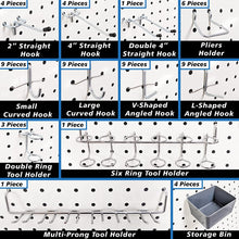 Load image into Gallery viewer, 80 Piece Pegboard Hooks &amp; Holders Set for 1/8&quot; or 1/4&quot; Pegboards with 1&quot; Spacing - Includes Straight, Curved, Angled Hook + Ring, Plier Holder + Bins

