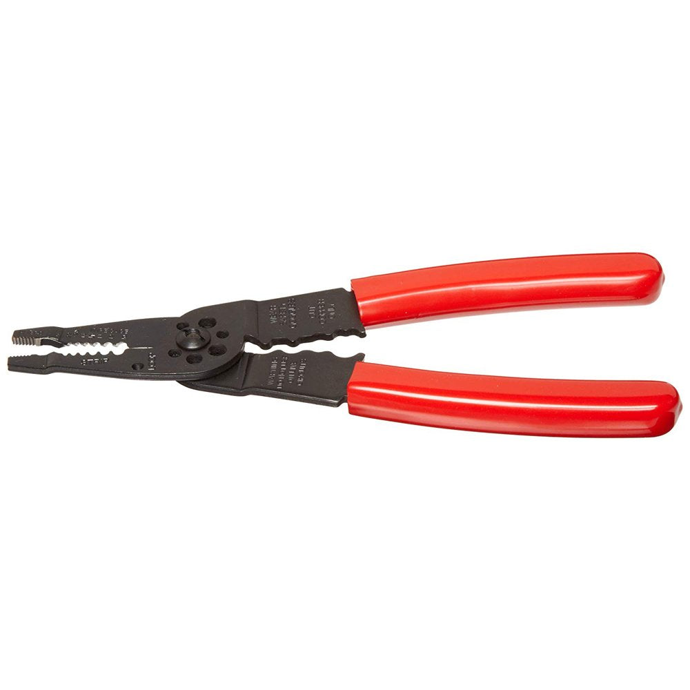 For copper and aluminum wire 10-22 AWG | Wide size-range bolt cutter / Screw sizing stations | Scissors-action, up-front wire cutting and wire stripping | Pliers nose | Hardened pivot joint bushing and crimp stations