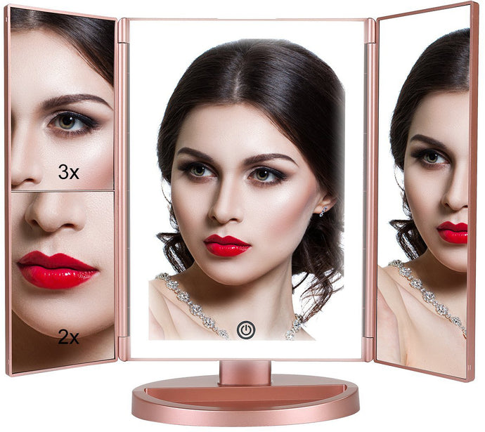 Great brightness for makeup; dim or brighten up the lights with a long pressing of touch screen switch | 1X,2X,3X magnification modes; 3 panels magnifying and wide-angle viewing; clearly see your face and apply flawless makeup | Power the light makeup mirror by USB charging cable or 4x AAA batteries (Batteries not included) | 180 degree rotation; adjust the mirror as per the suitable viewing angle you wish | 