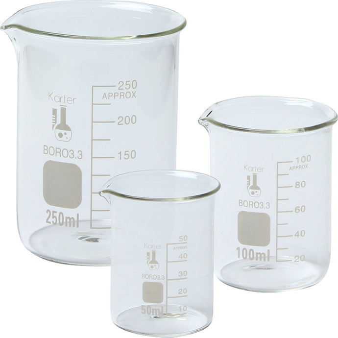 3.3 Borosilicate glass | Griffin low form | 3 sizes - 50ml, 100ml, 250ml | Extra large marking spot | ASTM Specification E960, Type I requirements