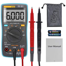 Load image into Gallery viewer, Battery powered, True RMS auto-ranging digital multimeter with 6000 counts and backlit LCD display | Measures AC/DC voltage, AC/DC current, resistance, capacitance, frequency, duty cycle, diode, and continuity | Compact and lightweight for carrying in your hand or pocket, also features a fold out stand for easy viewing | Comes with leads, drawstring carry bag, and instruction manual | Powered by 2x AAA batteries (included)
