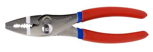 Designed for gripping, turning round objects such as pipes, rods, pins | Extra thin, straight nose combination pliers | Machined gripping teeth and wire cutter for confined places | Forged from carbon steel, accurately machined, hardened, tempered | Bright, polished steel with chromium plating with red non-slip cushion handle grips