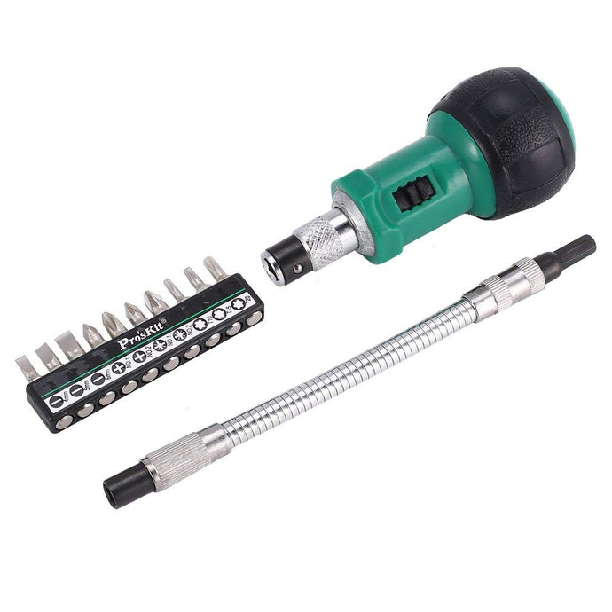 10-in-1 precision screwdriver manual tool set | Ergonomically designed anti-slip handle for comfort and increased torque | 10 bits: -4, -5, -6, #1, #2, PZ1, PZ2, T10, T15, T2 | 7.5 Inch flexible shaft attachment | Ideal for carpenters, locksmiths, electricians, auto mechanics or home repair