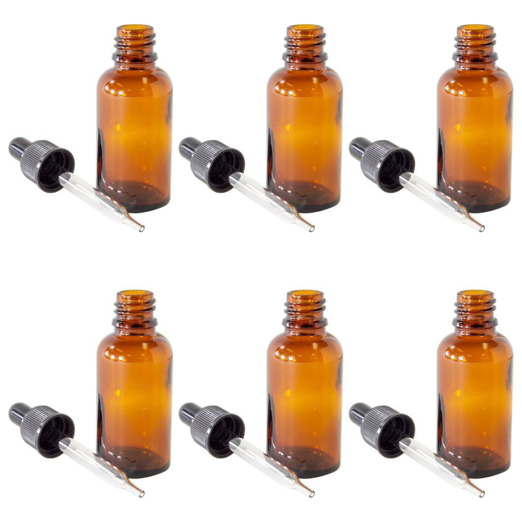 Set of 6 bottles | Glass dropper included with every bottle | Great for storing essential oils | Amber colored glass maintains liquids sensitive to degradation from light | 