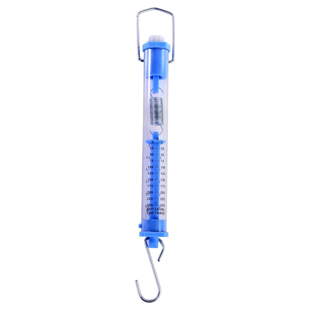 Tubular Spring Scale 250g / 2.5 Newtons | Top is flat on one side so that the scale can be used with an inclined plane | Clear plastic tube so that students can see the action of the spring | Color: Blue | 