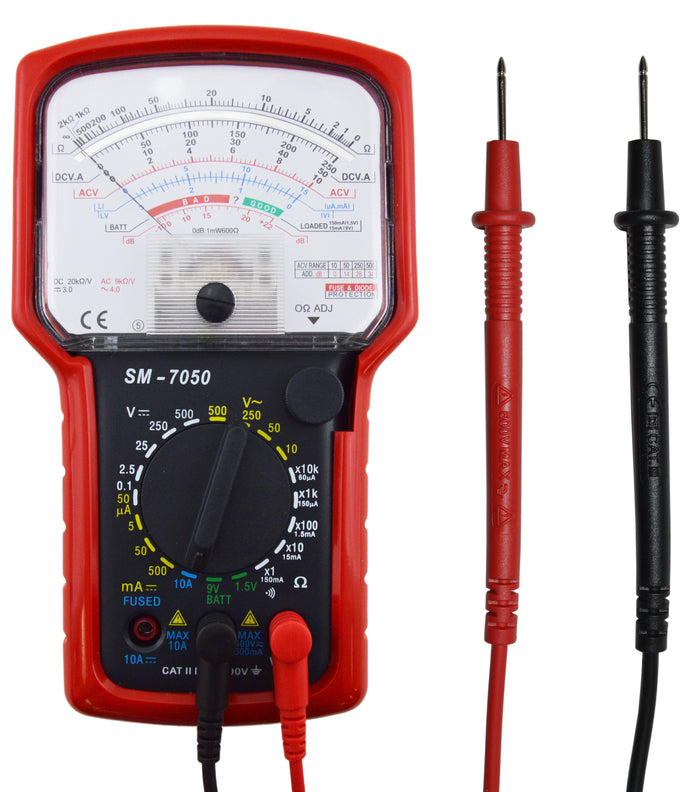 7 functions 20 ranges | DC Voltage: 0~0.1/2.5/25/250/500V (20k ohm /V) +/- 3% f.s. | AC Voltage: 0~10/50/250/500V (9k ohm /V) +/- 4% f.s | DC Current: 0~50u/5m/50m/500m/10A +/- 3% f.s | Resistance: 0~2k/20k/200k/2M/20M ohm +/- 3% full arc (Arc length: 75.3mm)