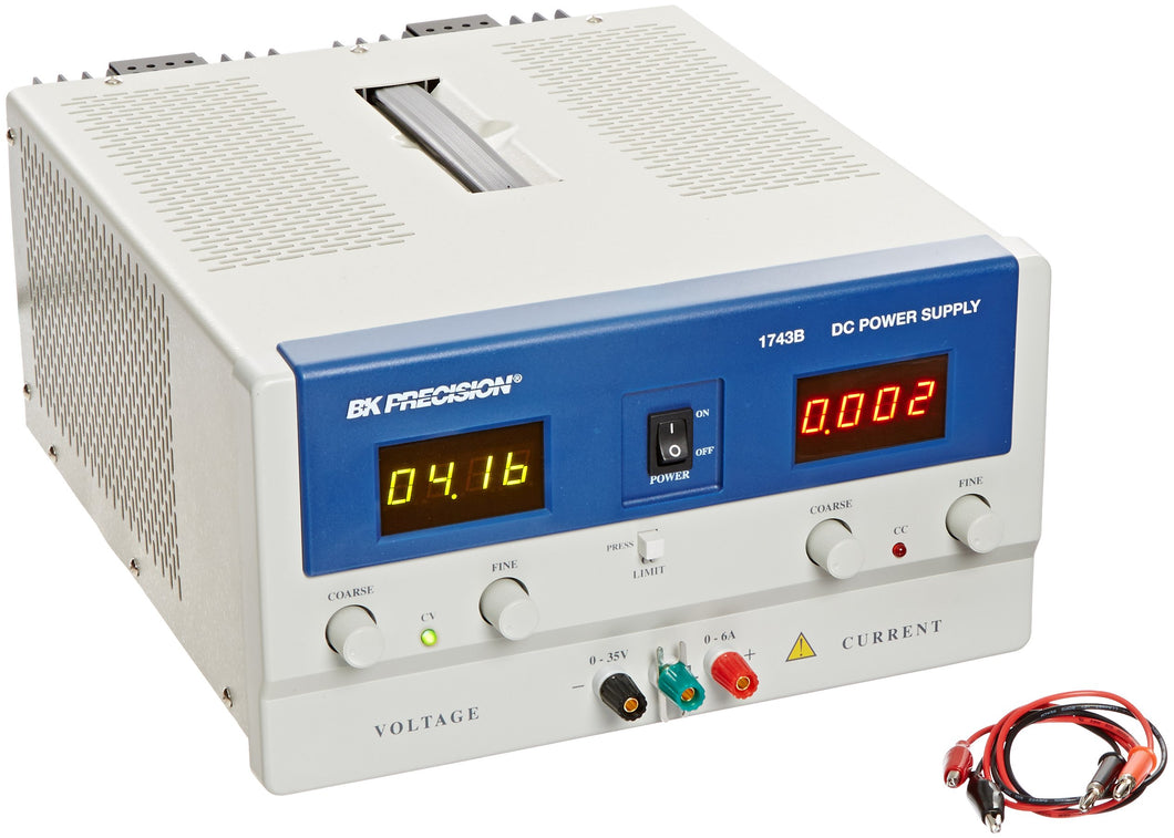 Linear power supply unit provides a constant source of DC voltage for powering and testing electronic devices | One output provides adjustable voltage or current | Two LED screens show voltage and current readings simultaneously | Fine and coarse adjustment of voltage and current | Shorting button for setting current limit