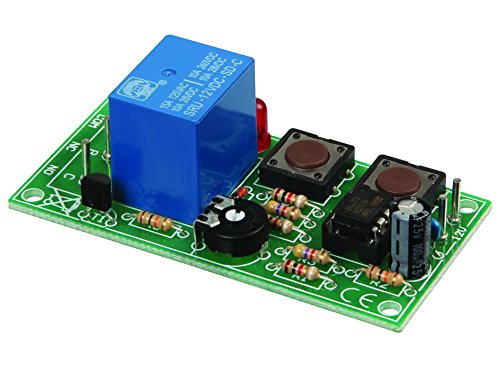 Variable time interval adjustable from 0 to 15 minutes | Uses the popular and well proven 555 timer IC | 3A relay for output load control | Start/stop push buttons included | LED indicator displays status