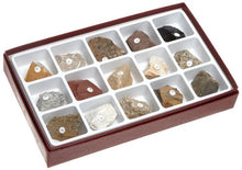 Load image into Gallery viewer, Introductory rock collection for geological study | 15 igneous, metamorphic, and sedimentary rock specimens for detailed examination | Number coded with key sheet for identification | Compartmented tray for display and storage | Specimens measure 1-1/2 x 1-1/2 inches (L x W)
