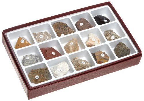 Introductory rock collection for geological study | 15 igneous, metamorphic, and sedimentary rock specimens for detailed examination | Number coded with key sheet for identification | Compartmented tray for display and storage | Specimens measure 1-1/2 x 1-1/2 inches (L x W)