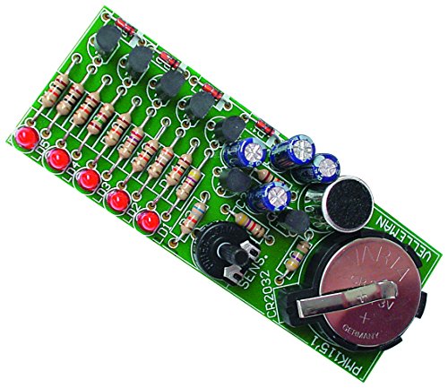 Surprise your friends in the disco. | 5 red LEDs. Incorporated microphone. | Adjustable sensitivity. power supply: 3V type CR2032 battery (not incl.) | Kit - Basic Soldering Required | 