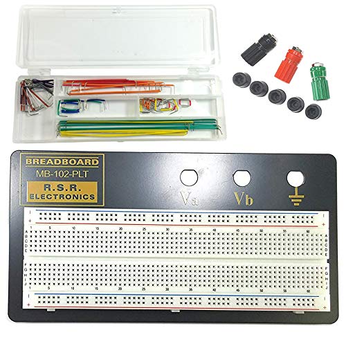 Solderless breadboard ideal for testing, prototyping and experimentation | Contact Points: 830, Terminal Strips: 1, Bus Strips: 2, Binding Posts: 3 | Features a sturdy aluminum backing | Color legend on distribution strips | Size: 7.2