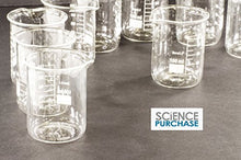 Load image into Gallery viewer, Borosilicate glass - resistant to thermal shock | 100 ml capacity beakers, 10ml graduations | Heavy rim and pour spout | 2.5&quot; diameter / 3&quot; tall | Pack of 12 beakers
