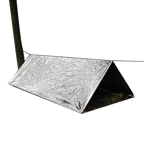 Kit includes 1 mylar tent with a 20 foot cord | Retains/reflects back 90% of body heat - 100% Reusable, waterproof and windproof | Tent is Large size, can accommodate 2 people | Provides compact emergency protection during many weather conditions/Perfect for camping trips and sporting events | Made of durable insulating mylar material designed by NASA for space exploration/Provides compact emergency protection in all weather conditions