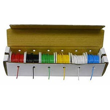 Load image into Gallery viewer, Six 26 Gauge wire spools, 25 ft. each | Assorted colors: Red, black, green, yellow, blue, white | 6 spools contained in a cardboard dispensing box, which keeps hook-up wire neat and clean | Dimensions: 2.5&quot; x 2.5&quot; x 8.5&quot; | 
